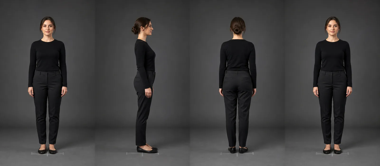 Four full-body positions showing an adult facing front, side, back, and front again